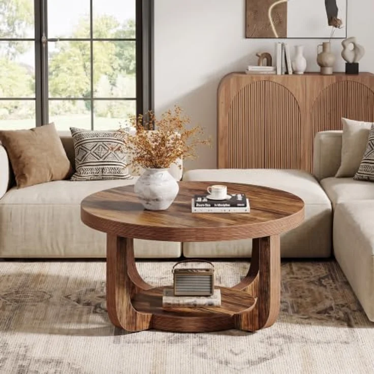 LITTLE TREE Runder Couchtisch 80 cm, 2-stöckiger Wohnzimmertisch mit Ablage | Landhausstil Kaffeetisch, Holz‑Optik Tisch für Wohnzimmer, Schlafzimmer und Lounge – Bild 7