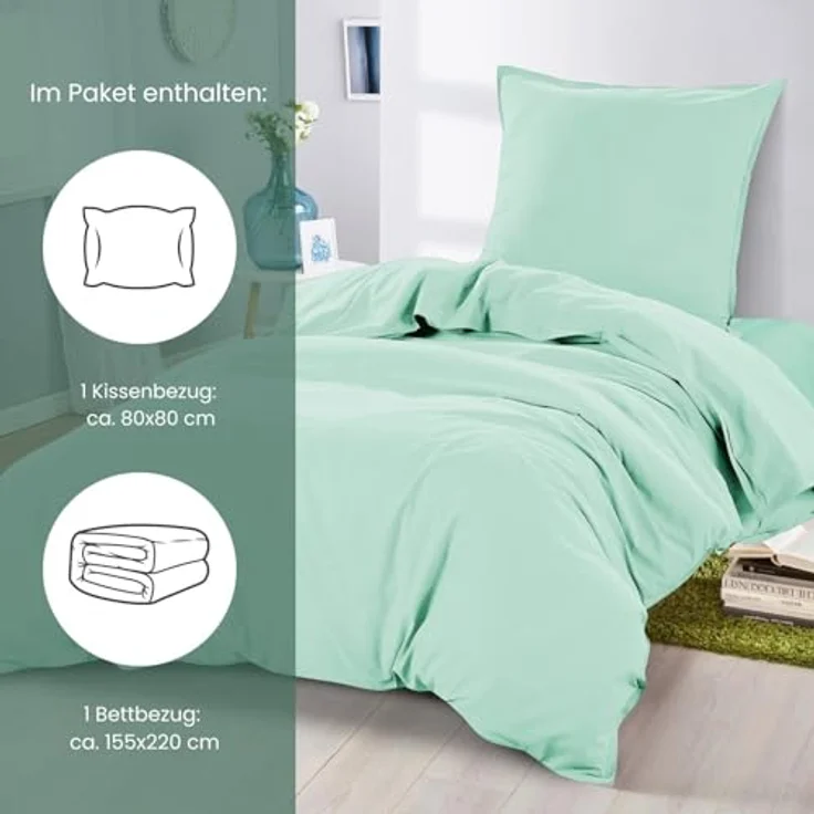 wometo Renforce-Bettwäsche Set, Mintgrün, 155x220 cm, Oeko-Tex® zertifiziert, Stone-Washed-Stil, 100% Baumwolle – Bild 2