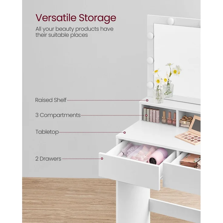 Vasagle Schminktisch mit 9 LED-Glühbirnen und Spiegel, Holz weiß, 140 x 80 x 40 cm – Bild 5