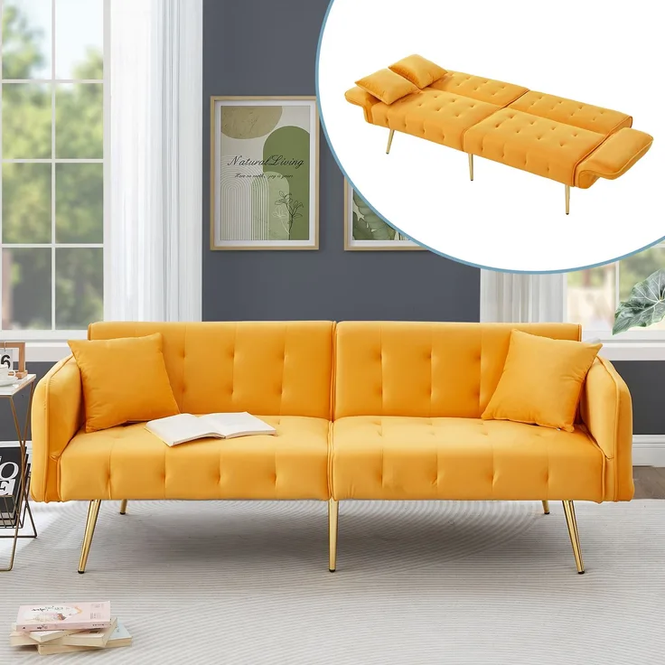Sofabett 2-in-1 Samt,Zweisitzer mit verstellbarer Rückenlehne & Armlehnen, zum Gästebet,Gelb