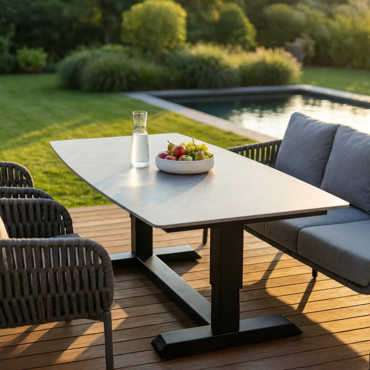 TERRANO Lifttisch 90x180, Bootsform Platte: Sintered Stone Beton-Optik, Gestell: Aluminium anthrazit – Bild 5