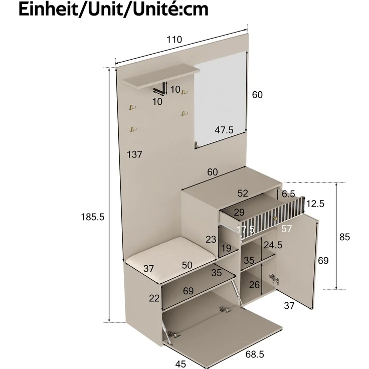 Garderobenset, Kompaktgarderobe, Flurgarderobe mit Spiegel und Polsterkissen, Flurschrank, Wohnwand, Regal, Flur- und Dielengarderobenpaneele, Schuhschrank, (B x H x T): 110 x 185,5 x 37 cm – Bild 4