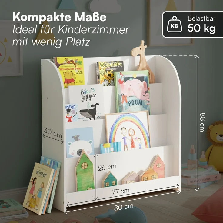 Bellabino 'Baru' Kinderbücherregal, weiß, Holz, 88x30x80 cm, Montessori Kinderregal mit 4 Ablagefächern – Bild 6