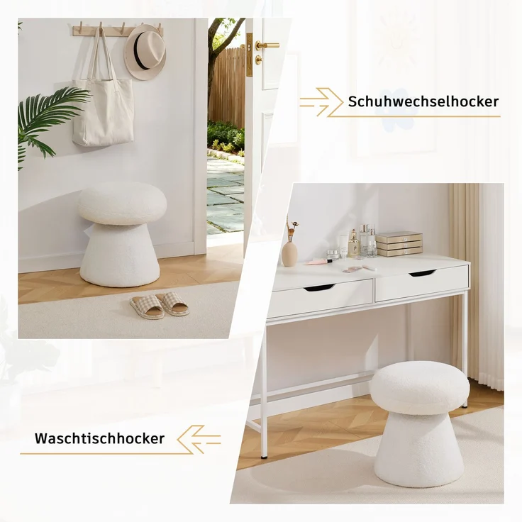 066-Moderner Drehbarer Hocker für Wohnzimmer Schlafzimmer, Kreativer Pilzform Teddystoff Polsterhocker mit 360 Rotation, Bequemer Kleiner Schminktisch Hocker für Erwachsene & Kinder, Weiß--Weiß--41x41x44cm--YOUDENOVA – Bild 6