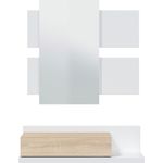 Flur mit Schublade und Spiegel, Eingangsmöbel, Modell Tekkan, Ausführung in Artik White und kanadischer Eiche, Maße: 75 cm (Breite) x 116 cm (Höhe) x 29 cm (Tiefe)