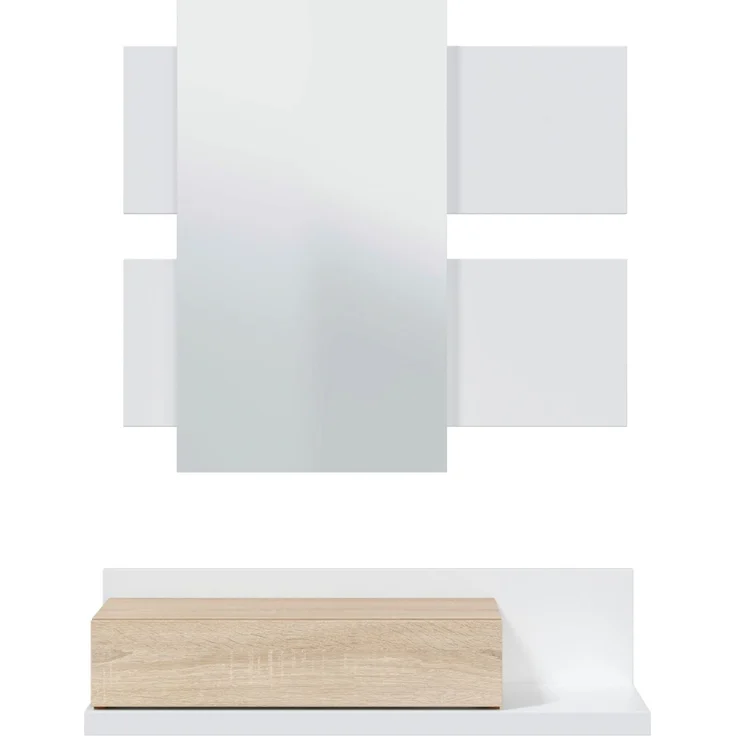 Flur mit Schublade und Spiegel, Eingangsmöbel, Modell Tekkan, Ausführung in Artik White und kanadischer Eiche, Maße: 75 cm (Breite) x 116 cm (Höhe) x 29 cm (Tiefe) – Bild 1