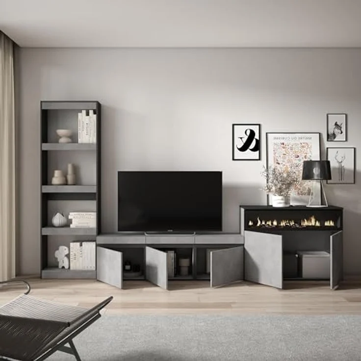 Skraut Home | Wohnwand Wohnzimmer | Wohnzimmermöbel, Möbelset | 310 x 186 x 35 cm | Für TV-Geräte bis zu 65" | Elektrokamin. | Moderner Stil | Zement – Bild 5