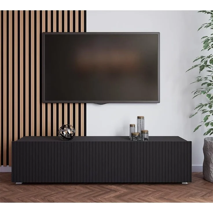 Lomadox Lowboard KEMPTEN-132, in schwarz matt, Rillenfront, 2-türig, 150 cm breit, Softclose – Bild 6