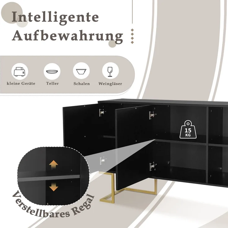 Merax Modernes 3-türiges Sideboard mit verstellbaren Regalen, U-förmigen Schranktüren und Metallgriffen und Sockel für Esszimmer und Küche (Schwarz) – Bild 7