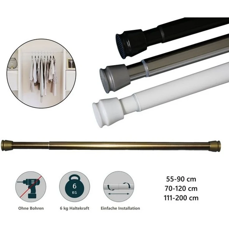 tinycurtains Klemmstange Teleskopstange 70-120 cm oder 111-200 cm Vorhangstange ohne Bohren, Ø 0.22 mm, 1-läufig, ausziehbar, klemmbar, Duschvorhangstange, Badstange, Gardinenstange, Metall, Klemmstange, stufenlos verstellbar, rostfrei, Stange für Türv... – Bild 4
