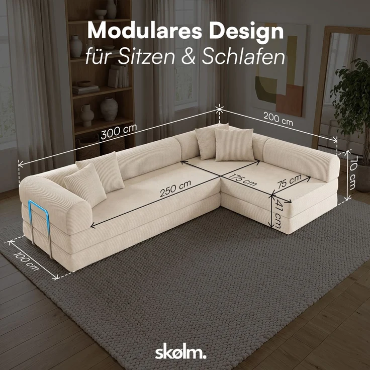 skølm 'Lofn' Modulares Sofa 4 Sitzer, 300x200 cm, Vollschaumcouch mit Metallgestell, Cord beige, Schlafsofa vakuumverpackt, kein Aufbau erforderlich – Bild 9