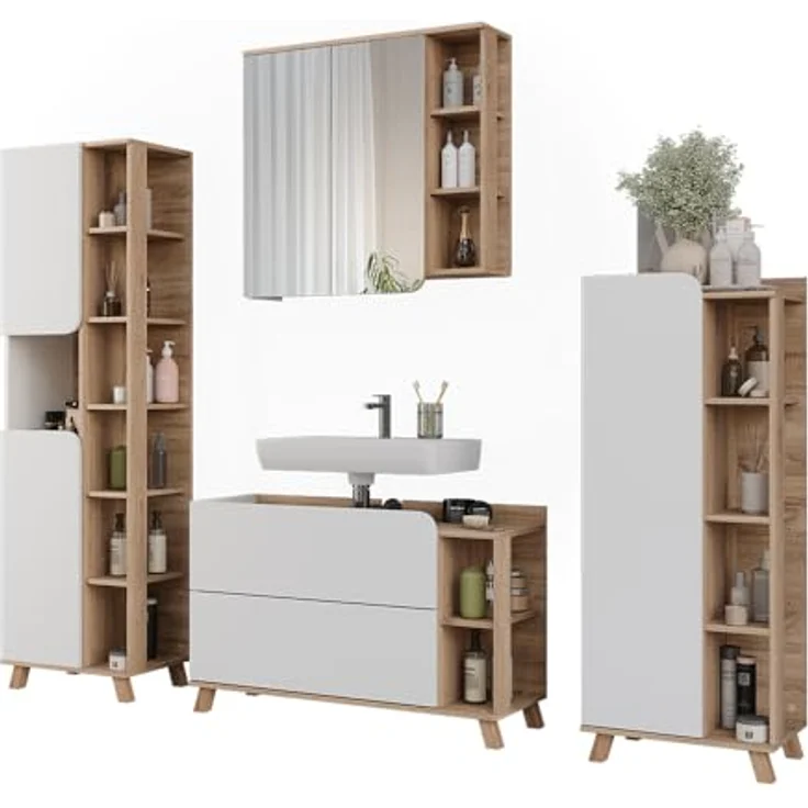 Vichy Badmöbel-Set Karen, moderne Badezimmermöbel in Sonoma/Weiß, 4 Teile mit Waschbeckenunterschrank und Spiegelschrank, hochwertige Spanplatte  – Bild 6