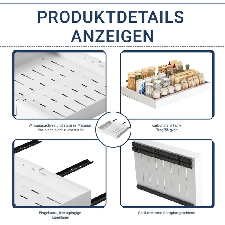 Home Nature Wohnkonzept Küchenschrank Ausziehschublade, 1er Set, mit Klebehalterung ohne Bohren, 52 x 53 x 7,5 cm, Karbonstahl, Vielseitig für Küche und Bad, Weiß – Bild 5