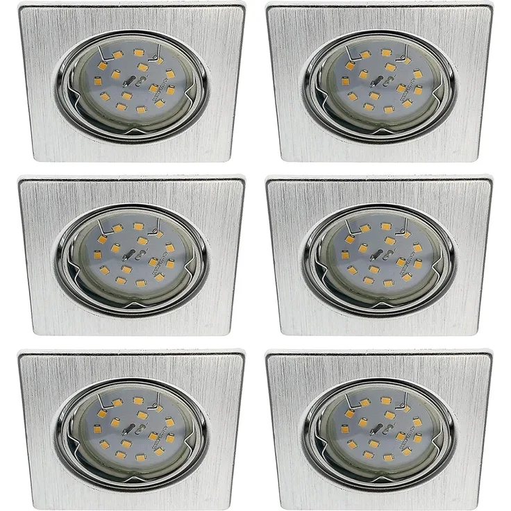 TRANGO LED Einbaustrahler, Dimmfunktion, 6er Set 6729-069SMOSD LED Einbaustrahler Aluminium gebürstet Eckig inkl. 6x 5 Watt 3 Stufen dimmbar Ultra Flach LED Modul 3000K warmweiß, Deckenspot, Einbauspot, Deckenleuchte, Downlight