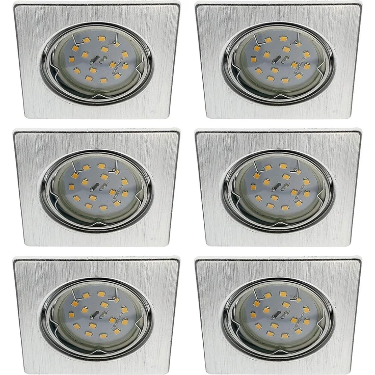 TRANGO LED Einbaustrahler, Dimmfunktion, 6er Set 6729-069SMOSD LED Einbaustrahler Aluminium gebürstet Eckig inkl. 6x 5 Watt 3 Stufen dimmbar Ultra Flach LED Modul 3000K warmweiß, Deckenspot, Einbauspot, Deckenleuchte, Downlight