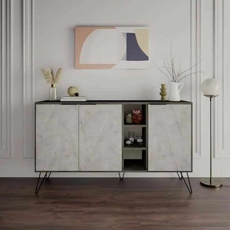Dmora Sideboard Ashlesha 142x35,6x83h cm Beige, 4 Regale, 3 Türen – Bild 5