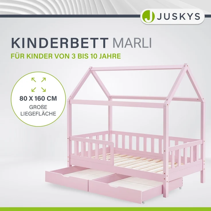 Juskys 'Marli' Kinderbett mit Matratze, Bettkasten, Rausfallschutz, Lattenrost & Dach - Massivholz Hausbett für Kinder - Bett in Rosa, 80x160 cm – Bild 1