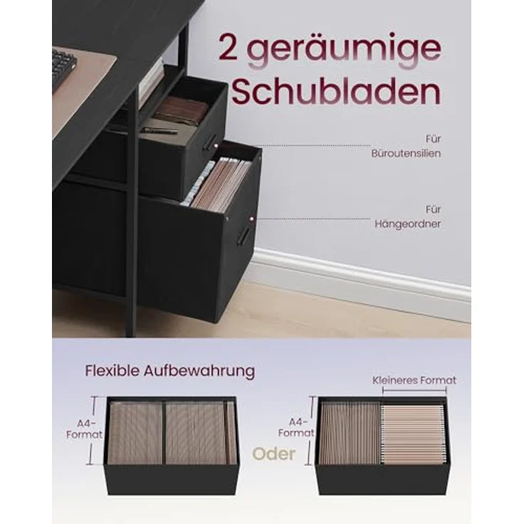 VASAGLE Gaming-Schreibtisch, mit Schubladen aus Stoff, Computertisch mit Bildschirmhalterung, Mehrfachsteckdose, 2 USB-Anschlüsse, für Heimbüro, 140x60 cm, Schwarz Holz LWD094B56V1 – Bild 5
