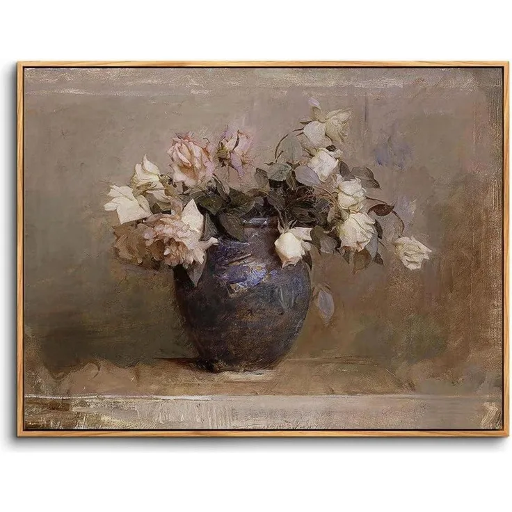 Leinwandbild Rosen Holzrahmen Rosen in Vase-Rahmen Holz 75L x 50B cm