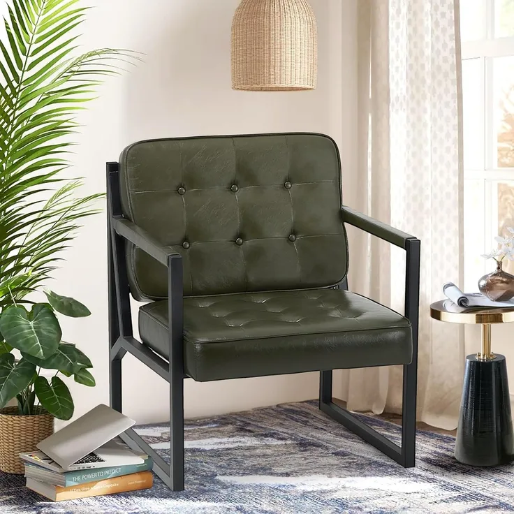 COLAMY Mid Century Modern ohrensessel, Bequeme Lounge Sessel, Brauner Leder Accent Chair, Kunstleder Empfangssessel mit Metallbeinen für Wohnzimmer Schlafzimmer Empfangsraum Wartezimmer, grau