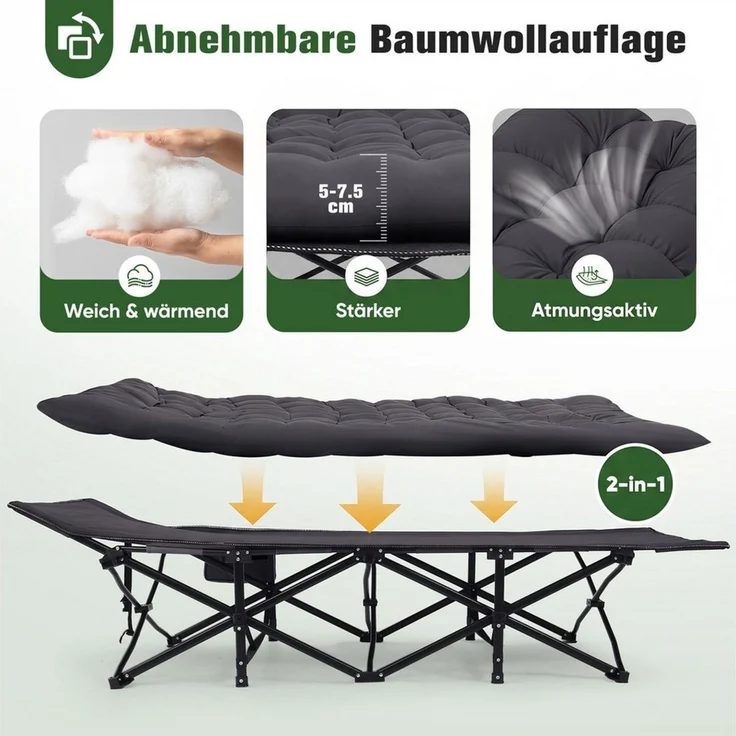 Sekey Klappbett 202 x 80 cm Extra Breit Feldbett XXL Campingbett Klappbar mit Matratze Faltbares Klappbett mit Seitentasche, 600D Oxford-Gewebe, bis 200 kg – Bild 3