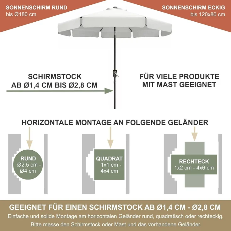 Sonnenschirmhalter aus Edelstahl für Balkongeländer rund und eckig Schirmhalterung bis Sonnenschirm 180 cm Schirmständer Balkon stabile Vierkant Halterung sichere Befestigung am Geländer – Bild 5