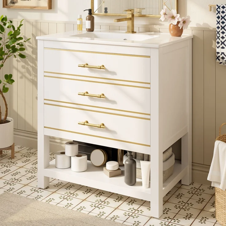 Waschtisch-Unterschrank 76 cm Weißgold mit Keramikbecken 2 Schubladen gold handhaben – Bild 2