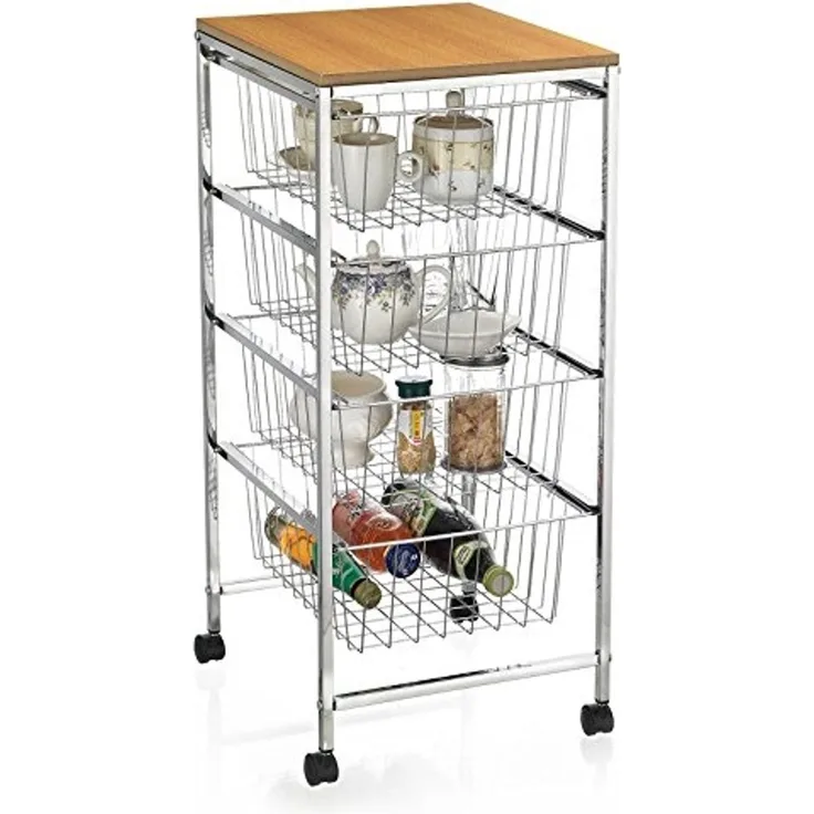 CARO-Möbel Servierwagen RONJA, Küchenwagen auf Rollen mit 4 Körben und Ablageplatte, chrom/holz