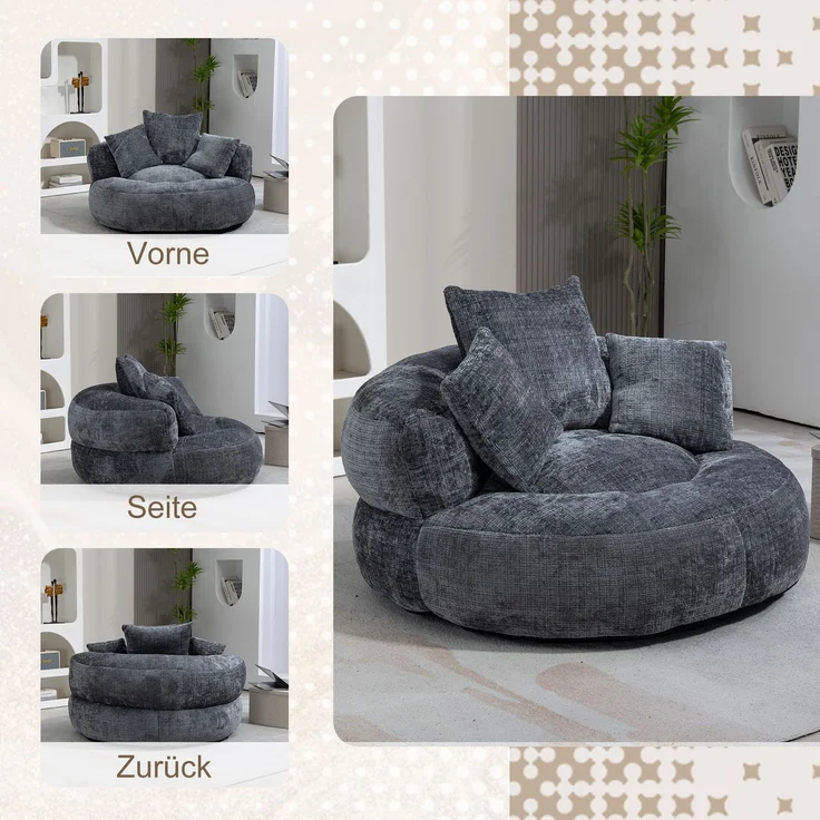 Sitzsack-Sessel aus Chenille mit hoher Rückenlehne & Armlehnen, 108 x 108 x 52 cm, Grau – Bild 6