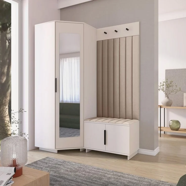 Garderoben-Set Napoli Version 21: Eckschrank mit Polsterpaneelen, Schuhschrank Flur und Eingangsbereich (Cashmere/Trinity 02), 189 x 70 x 140 cm – Bild 7