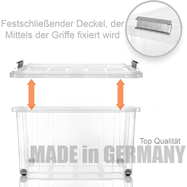 BigDean 4 Stück 60 L Aufbewahrungsbox mit Deckel groß transparent - stapelbare robuste Box - rollbare Stapelbox mit festen Klickverschlüssen - Made in Germany – Bild 5
