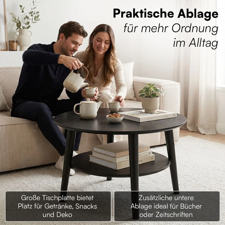 skølm 'Mjölnir' Couchtisch rund, Massivholz Eiche, schwarz lackiert, Wohnzimmertisch Ø70 cm, Beistelltisch für Wohnzimmer mit Ablage – Bild 2
