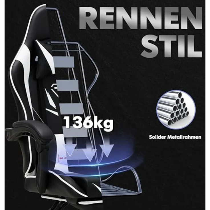 COLAMY Gaming Stuhl, Computer Stuhl mit Fußstütze und Lendenwirbelstütze, höhenverstellbarer Gaming Chair mit 360°-Drehsitz und Kopfstütze, Video Gamer PC Stuhl, Ergonomische hohe Rückenlehne, Weiß – Bild 10