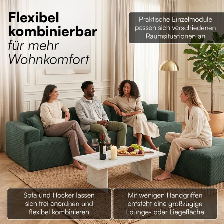 skølm 'Freki' Cloud Sofa 3 Sitzer mit Hocker, Vollschaumcouch mit Federkern und Vakuum-Kompression, kein Aufbau erforderlich, mit 3 Kissen, Cord dunkelgrün – Bild 7