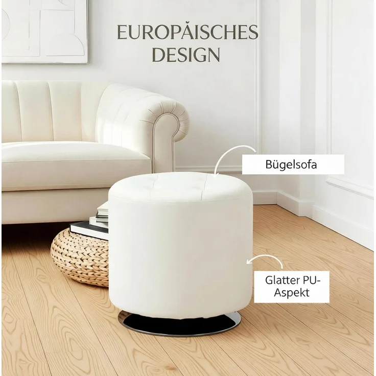 Drehhocker Ø 45,5x44,5 cm in Weiß – 360° drehbar, mit Polsterung und Metallfuß – Bild 8