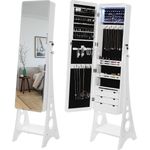 LED Schmuckschrank mit abgeschrägter Kante Spiegel abschließbarer Stehschrank-Organizer mit 6 Schubladen und Ohrring Aufbewahrung, weiß