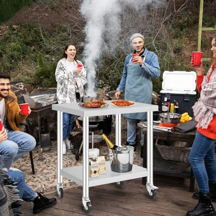 GarveeHome Arbeitstisch aus Edelstahl für Lebensmittelzubereitung, höhenverstellbar mit 3 Stufen, 4 Lenkrollen (2 gebremst), Maße 76x46 cm, ideal für gewerbliche Küchen, Restaurants & Catering – Bild 2