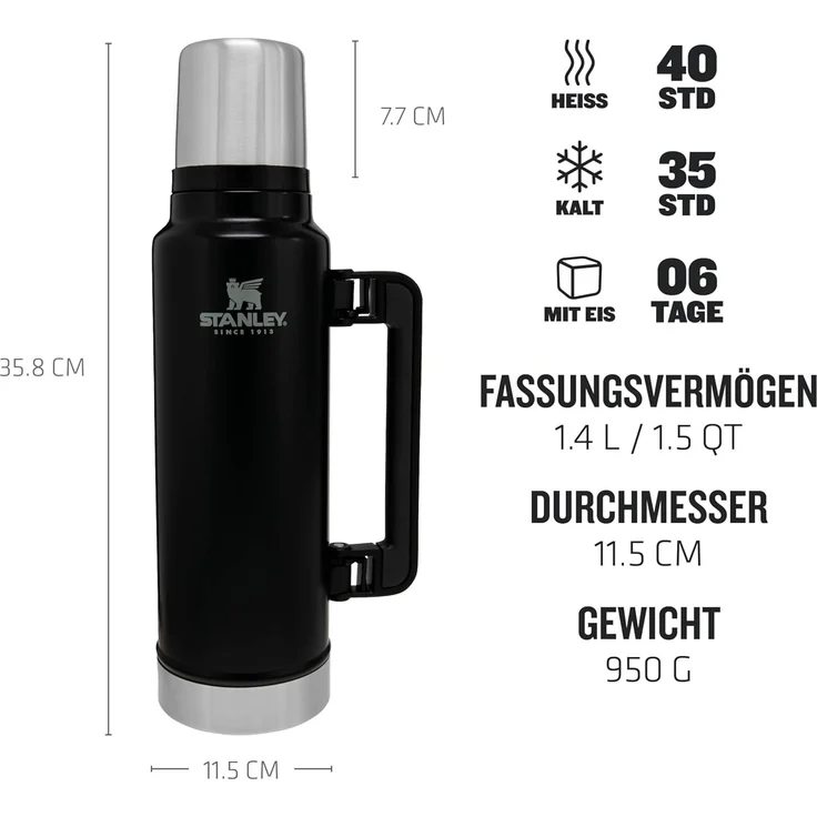 Stanley Isolierflasche Classic 1. 4 Liter schwarz/ silberfarben – Bild 2