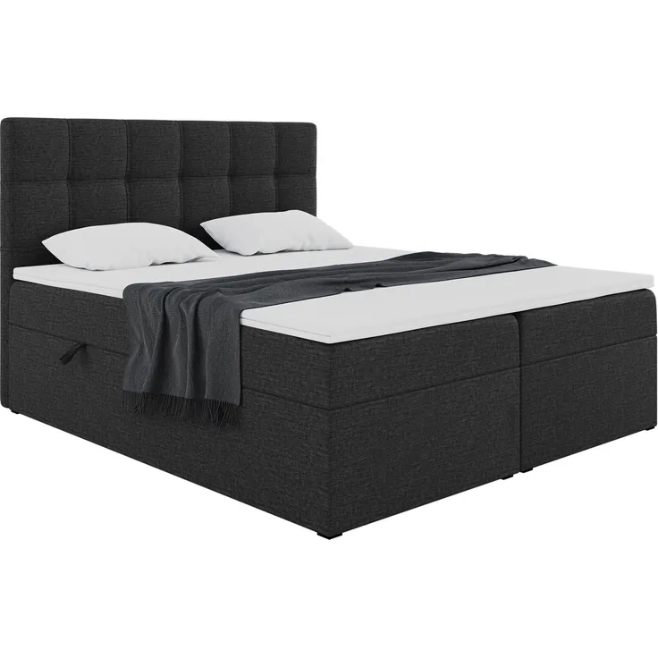 MEBLINI Boxspringbett NILS 160x200 cm mit Bettkasten - H3/Schwarz Webstoff Polsterbett - Doppelbett mit Topper & Bonellfederkern-Matratze