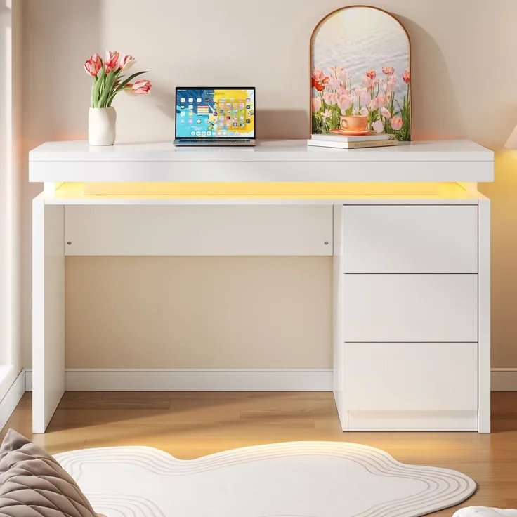 ZUBALIYA Moderner LED-Schreibtisch 120×50×78,5 cm – Computertisch mit drei Schubladen, verlängerter und verbreiterter Arbeitsfläche, verstärkten Beinen, einstellbarer LED-Beleuchtung, geeignet für Homeoffice