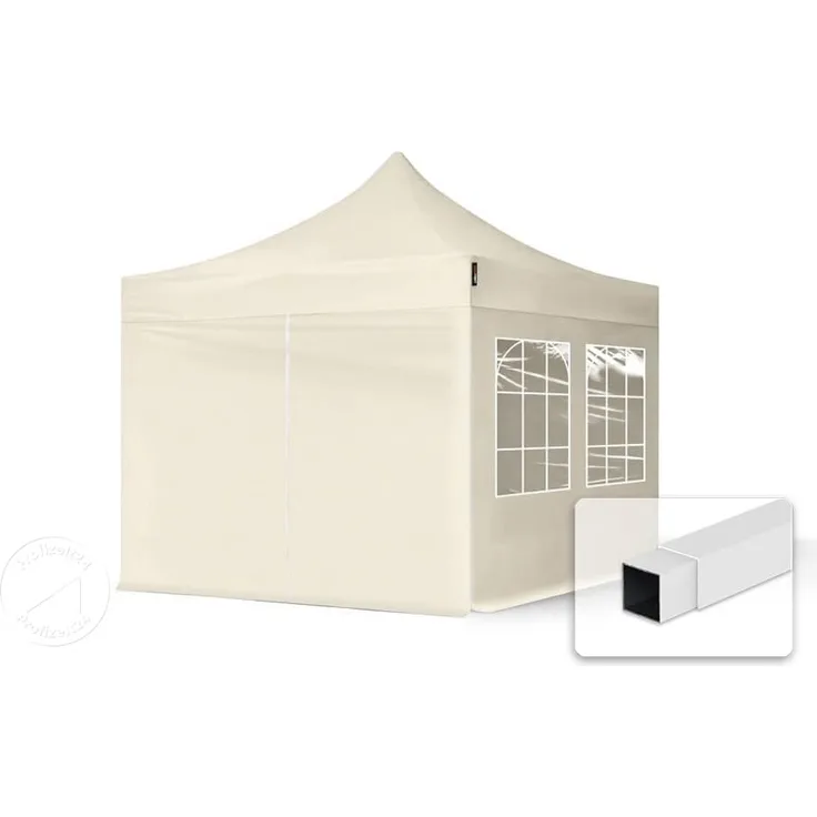 3x3 m Faltpavillon, ECONOMY Stahl 30mm, Seitenteile mit Sprossenfenstern, creme