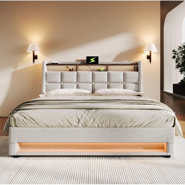Polsterbett 180x200 cm mit USB, LED und Stauraum – Bettgestell aus Leinenstoff in Hellbeige – Bild 6