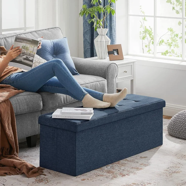 Sitzbank mit Stauraum, 110 cm, klappbare Sitztruhe, Aufbewahrungsbox, Fußbank, dunkelblau – Bild 2