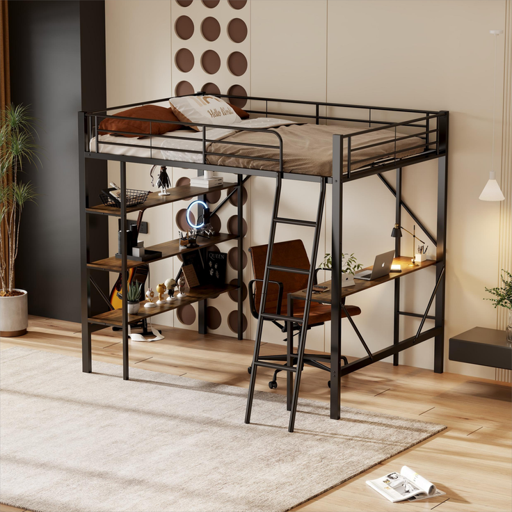 Merax 90 x 200cm Bettgestell Metallbett, Eisenbett, Hochbett mit Schreibtisch und drei großen Ablagen für Kinder, Jugendliche und Erwachsene, schwarz – Bild 3
