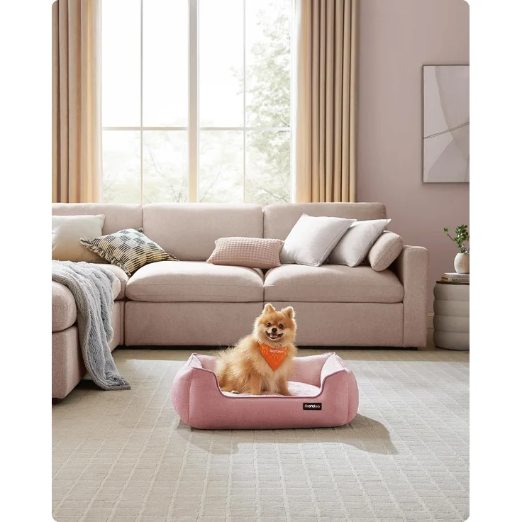 Feandrea Hundebett, in Leinenoptik, erhöhte Ränder, rutschfeste Unterseite, Bezug abnehmbar waschbar, M, für kleine Hunde, pastellrosa, 70 x 55 x 21 cm – Bild 2