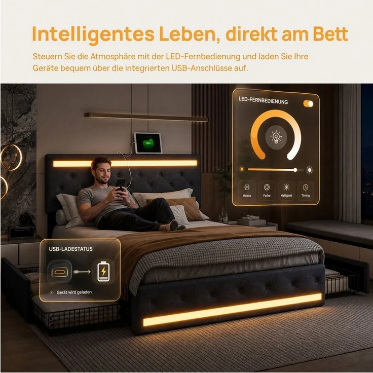 PXloue Polsterbett LED Doppelbett 140x200cm mit Ladefunktion und 4 Schubladen Polsterbett (Geeignet für Jugendliche und Erwachsene), Stauraumbett, mit RGB-LED, Lattenrost und praktischen Schubladen – Bild 4