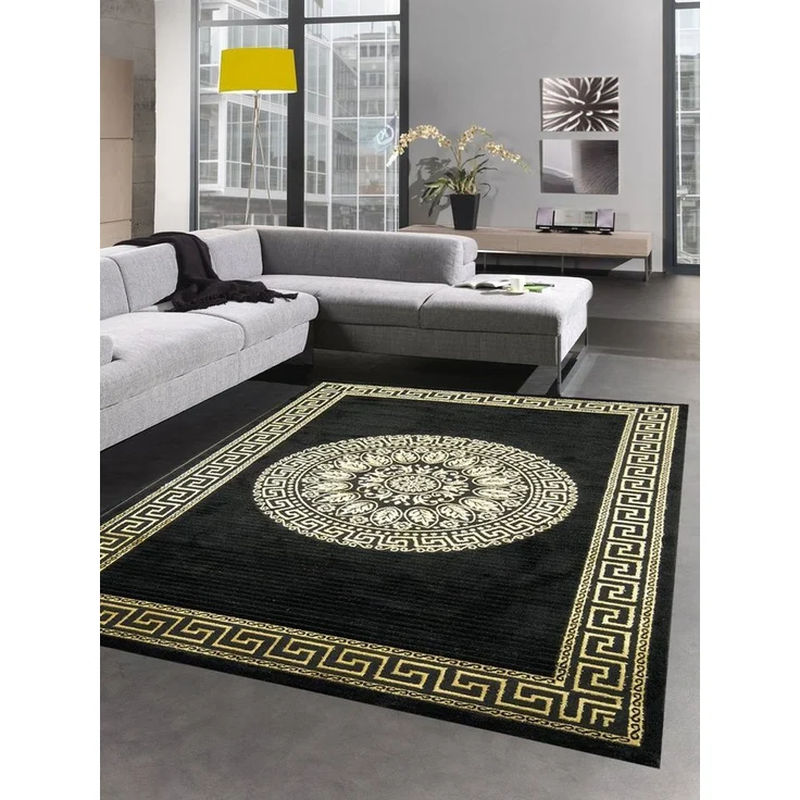 Carpetia Teppich Teppich Wohnzimmer mit Bordüre Mäander Muster schwarz gold, rechteckig, Höhe: 12 mm – Bild 1