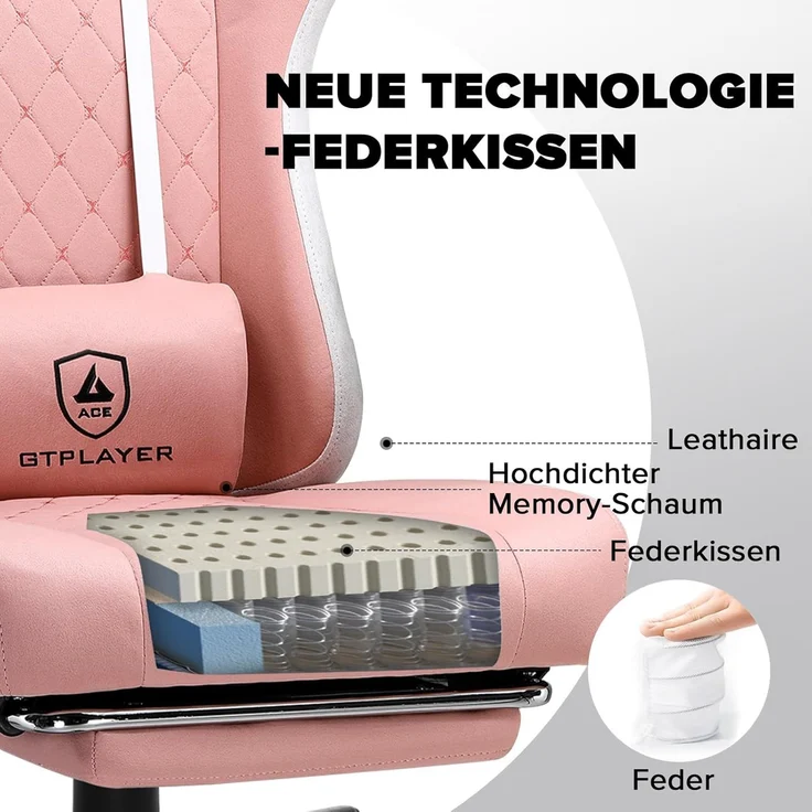 GTPLAYER Gaming Stuhl Ergonomischer Gaming Sessel Schreibtischstuhl mit Stoffoberfläche, Federsitzkissen, Verbindungsarmlehnen und Fußstütze, Schwarz – Bild 4