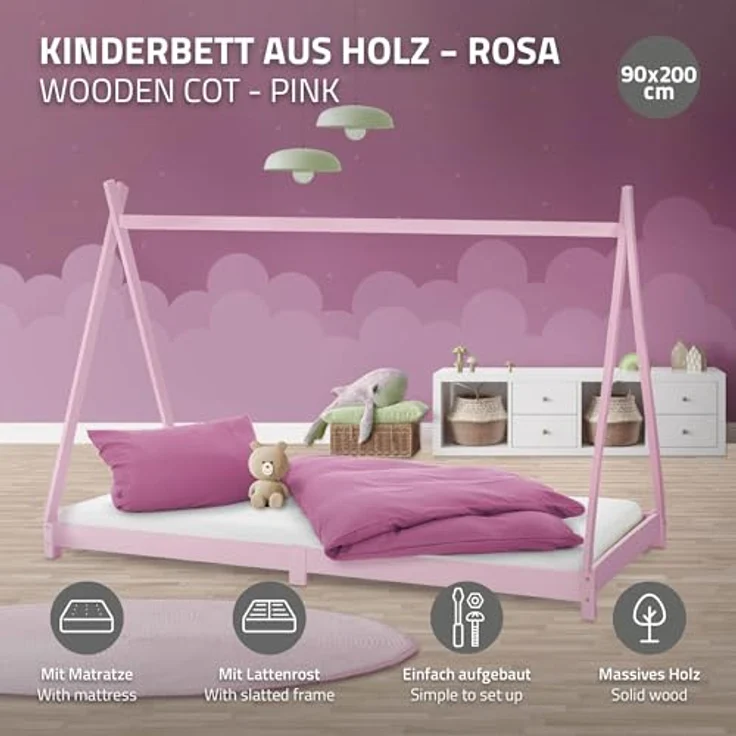 ML-DESIGN Spielbett Hausbett Tipi Zeltbett inkl. Lattenrost Bodenbett Kinder Himmelbett, Abenteuerbett zum Spielen Zelt Kinderbett Kiefer Bettenhaus Bett Rosa – Bild 3