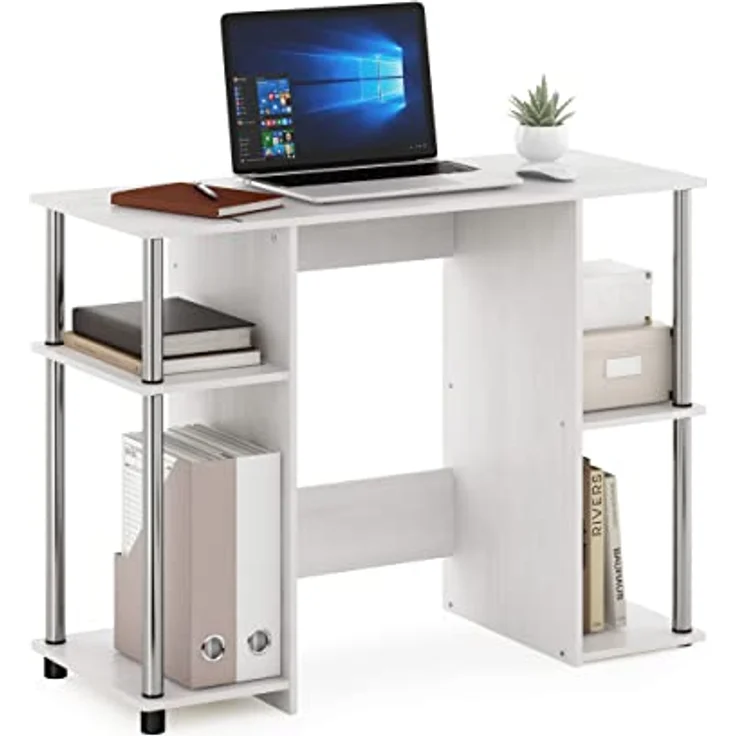 Furinno JAYA Kompakter Computer-Studientisch, Weiße Eiche, Edelstahlrohre – Bild 2